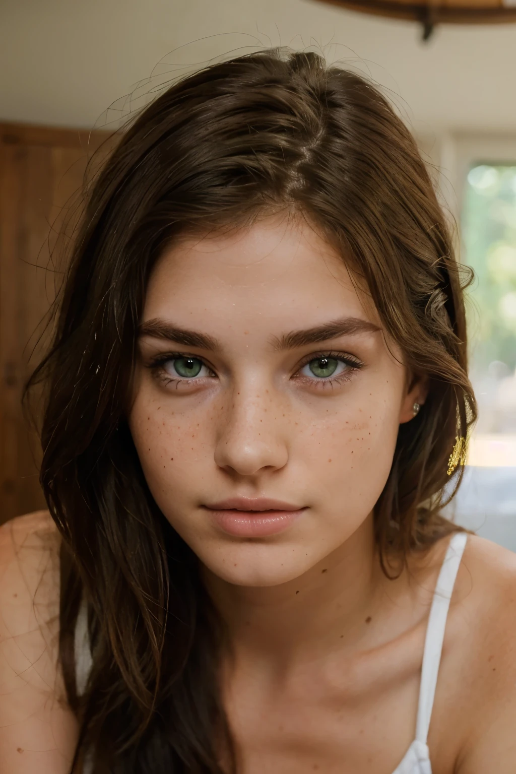 An extremely attractive 25 year old brunette with green eyes and freckles, ultra realistic, clearly see face