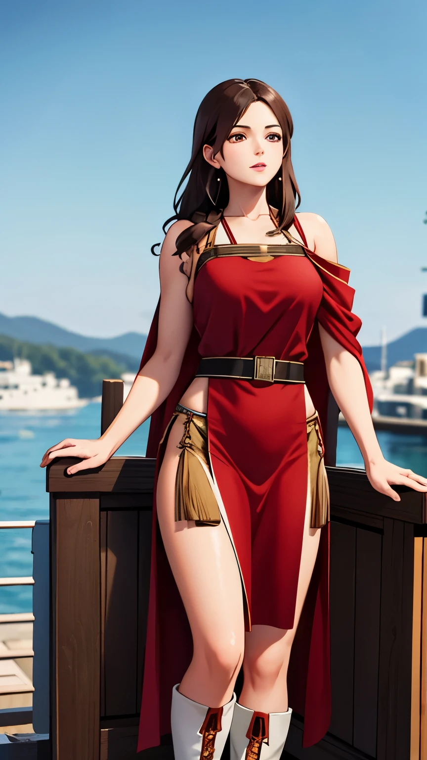 adult women, Very muscular, brown eyes, shoulder length brown hair, Wearing a tan ancient Greek robe with red details, black high boots, outdoor, Wooden boat deck, 8K, Unreal Engine, Very detailed, dramatic angle,,