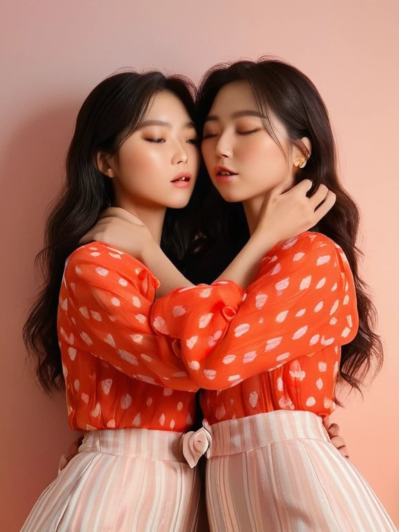 (high resolution, ultra-detailed, photorealistic), ((half body:1.4)) photo of sjang and her identical twin, standing, hugging, ((kissing:1.4)), realistic faces, (bedroom:1.2), romantic, soft lighting, vibrant colors