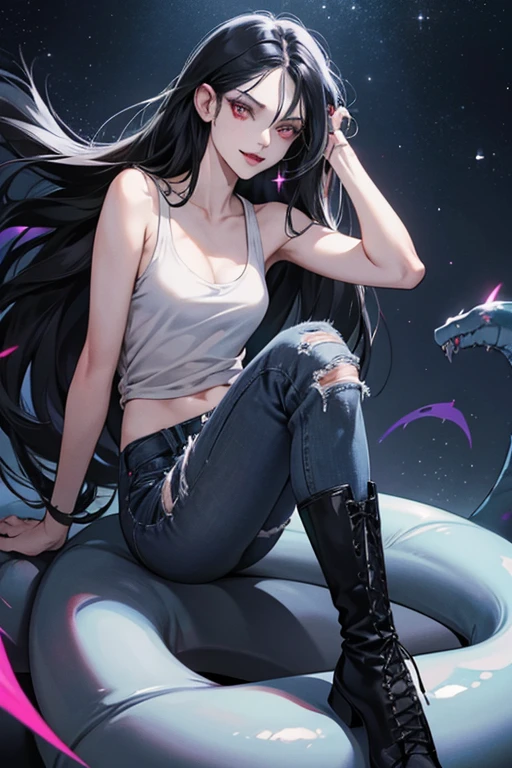 Marceline has light blue-gray skin, crooked fangs, and long, midnight black hair that reaches to her feet. She also sports two marks on her neck, which are the marks of the bite that turned her into a vampire. Her tongue is sometimes bifurcated, like a snake's, but other times looks like a normal human's. This may stem from her shapeshifting powers, allowing her to change its appearance as she pleases. Her main outfit features a gray tank top, dark blue jeans, and dark red boots. SPARKLE; GLITTER