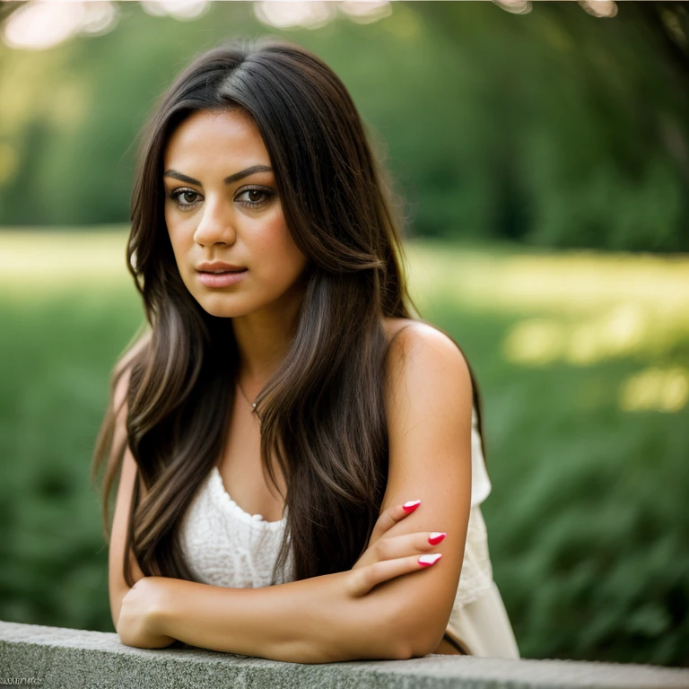 Realistic photo of a beautiful m1l4k-v2 woman,  1girl, solo, long hair, looking at viewer, simple background, shirt, black hair, brown eyes, jewelry, closed mouth, upper body, nail polish, lips, fingernails, ring, own hands together, black nails, realistic, nose, soft lighting, professional Photography, Photorealistic, detailed, RAW, analog, sharp focus, 8k, HD, DSLR, high quality, Fujifilm XT3, film grain, masterpiece