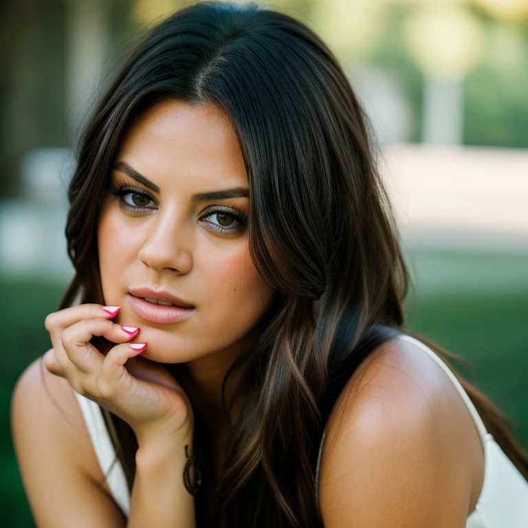 Realistic photo of a beautiful m1l4k-v2 woman,  1girl, solo, long hair, looking at viewer, simple background, shirt, black hair, brown eyes, jewelry, closed mouth, upper body, nail polish, lips, fingernails, ring, own hands together, black nails, realistic, nose, soft lighting, professional Photography, Photorealistic, detailed, RAW, analog, sharp focus, 8k, HD, DSLR, high quality, Fujifilm XT3, film grain, masterpiece