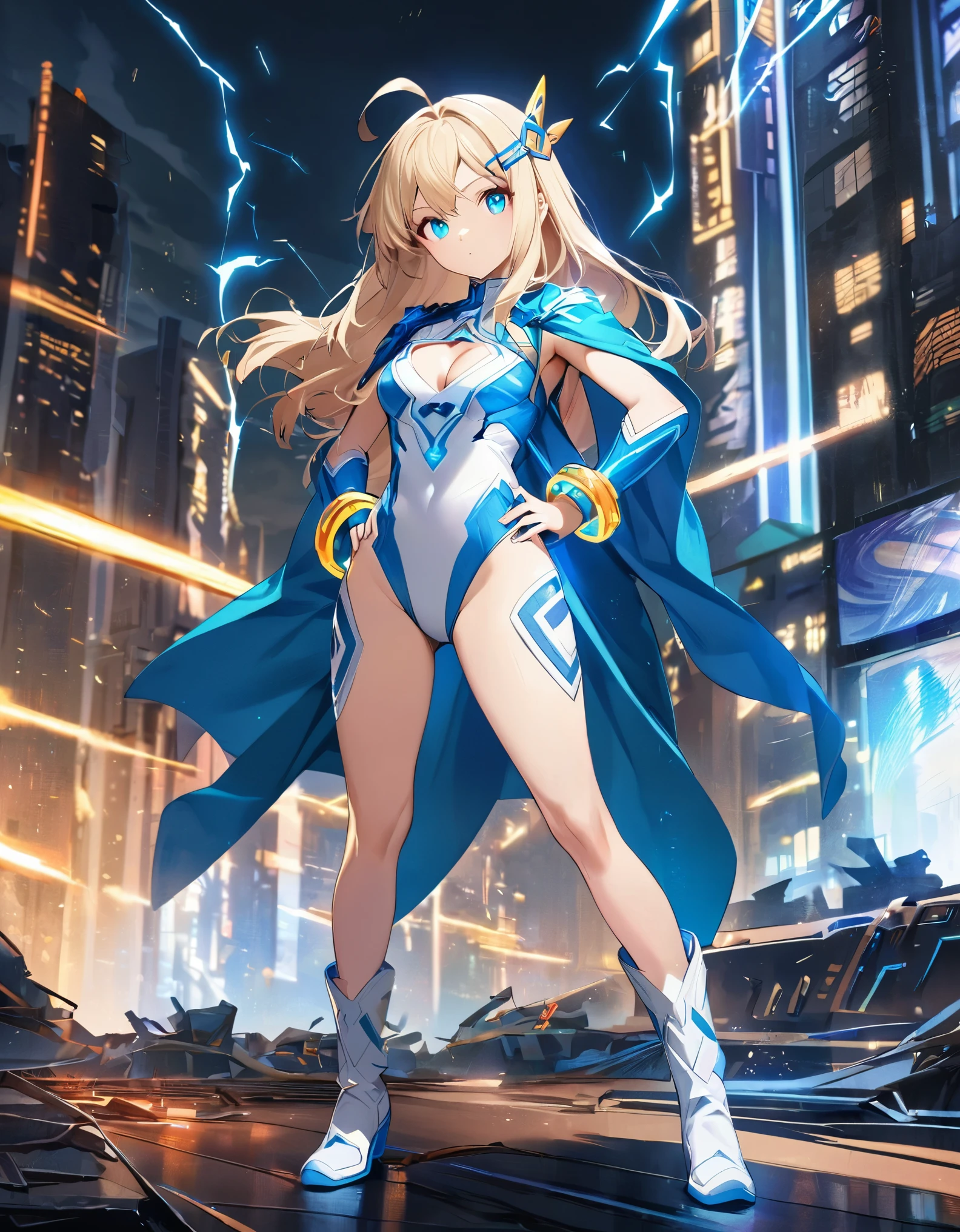 1girl, light blonde hair, aquamarine eyes, boots, breasts, bracelets, cleavage cutout, full body, hair ornament, hairclip, shoulder-length hair, full body with costume, leotard, white leotard with blue accents, bare legs, white stockings, white boots, medium breasts, solo, standing, superhero, (lighting logo on chest), beautiful detailed eyes, beautiful detailed face, age 18, ahoge, full body zenkai! asuka suit, full body portrait, body infused with electricity, diffraction spikes, heroic, standing straight, hands on hip, cowboy shot, city backdrop