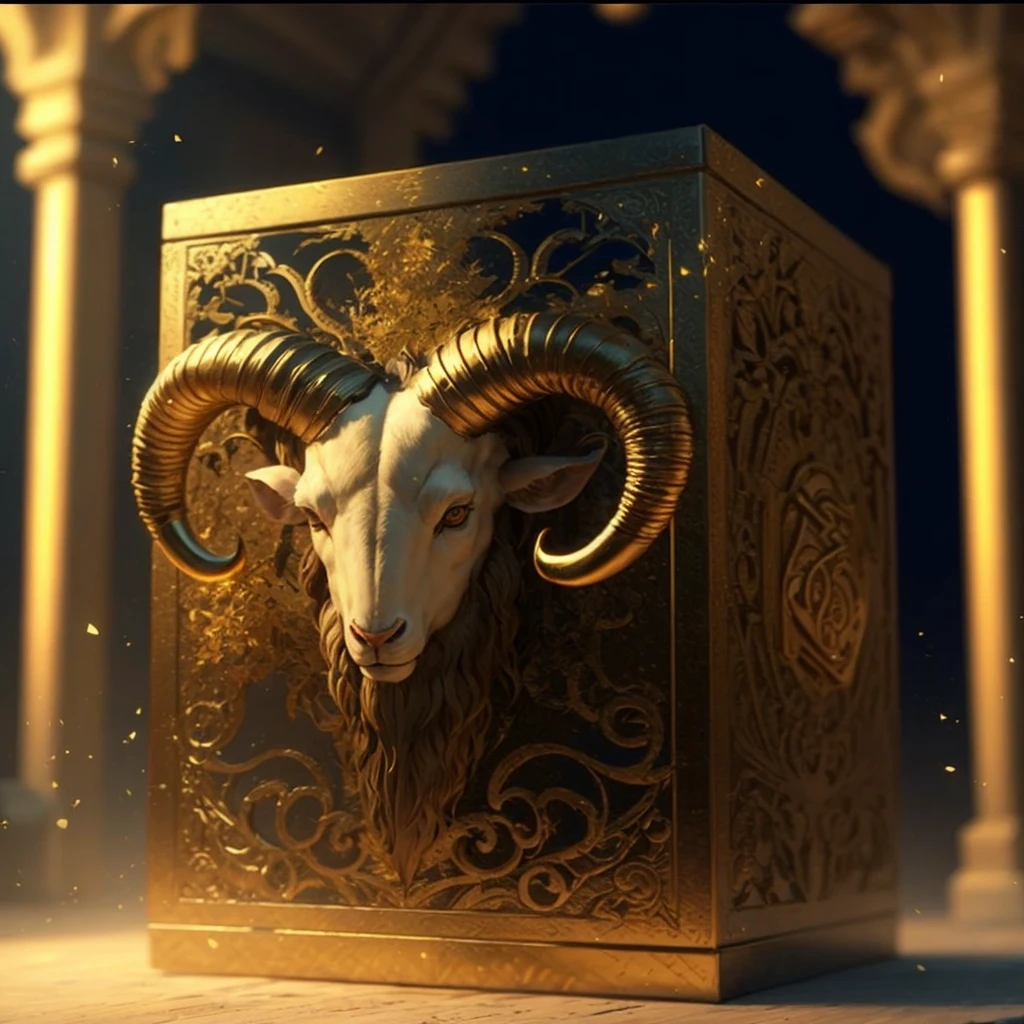 arafed ram's head in a golden box with intricate designs, tarot bélier fougueux, golden ram horns, horned ram goddess, art de cartes à collectionner, meeting art, Gagnant du concours ArtStation, 8k hd fond d'screenjpeg artefact, Fond d'écran HD 8 k, artefact JPEG, gagnant du concours central zbrush, dieu cornu, Art de la carte Magic the Gathering