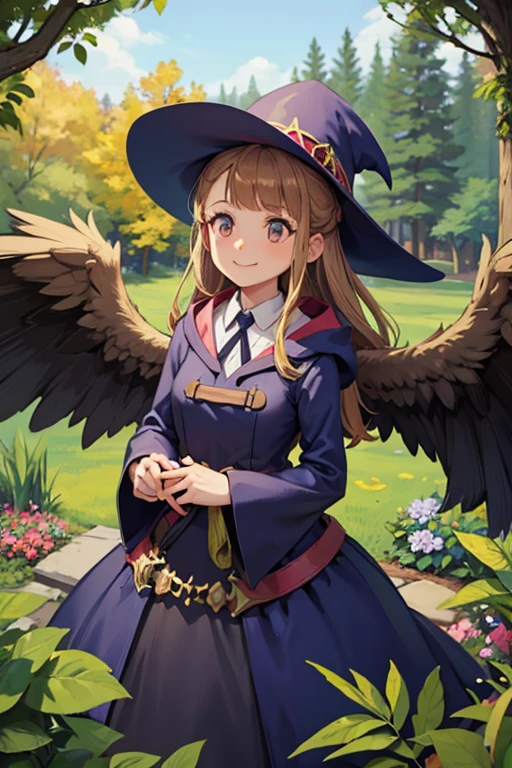 A golden haired female witch with hazel eyes with golden wings is wearing a Victorian dress is smiling in a magic garden
