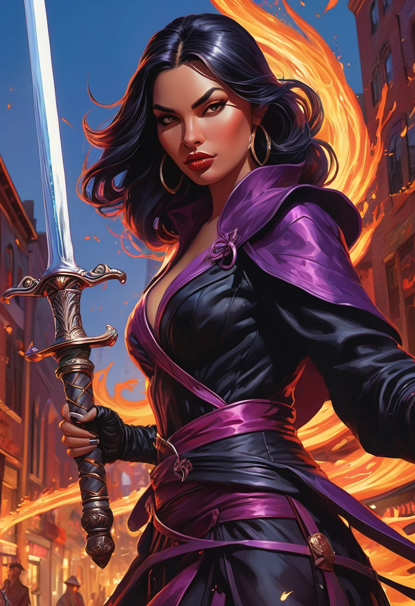 Close-up of a woman holding a sword in the city, the magician casting a fireball, supervillain magician witch, epic full color illustration, Ivan Talavera and Art Germ's style, Written by Eddie Mendoza, evil goddess, Stylized urban fantasy artwork, magician, zenescope, Art Germ and Lois van Baarle