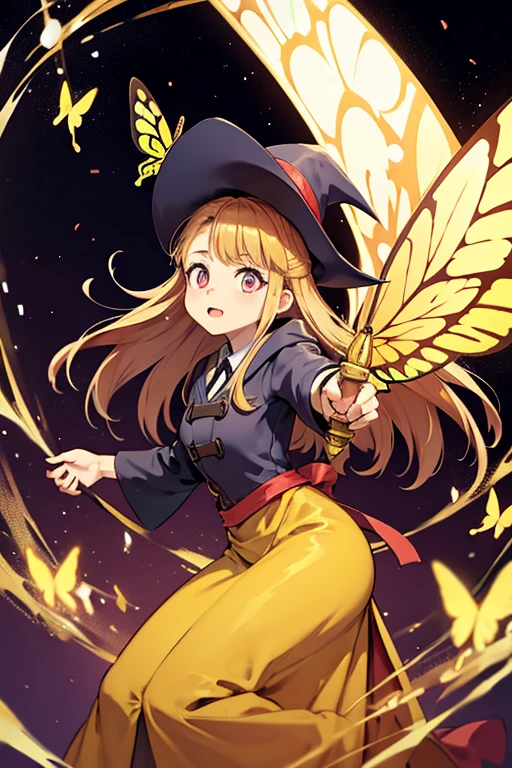 A golden haired female witch with hazel eyes with golden wings is wearing a Victorian dress is catching a butterfly