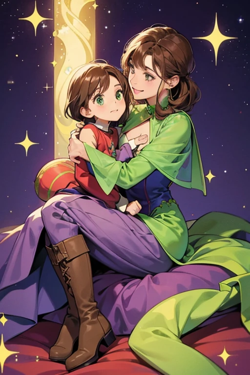 Margles was a green Martian woman with medium length brown hair. She wore a purple dress and brown knee-high boots. She was also visibly shorter than Magic Man in the photo, though she may be sitting or leaning as she was giving Magic Man a hug in this photo. SPARKLE; GLITTER