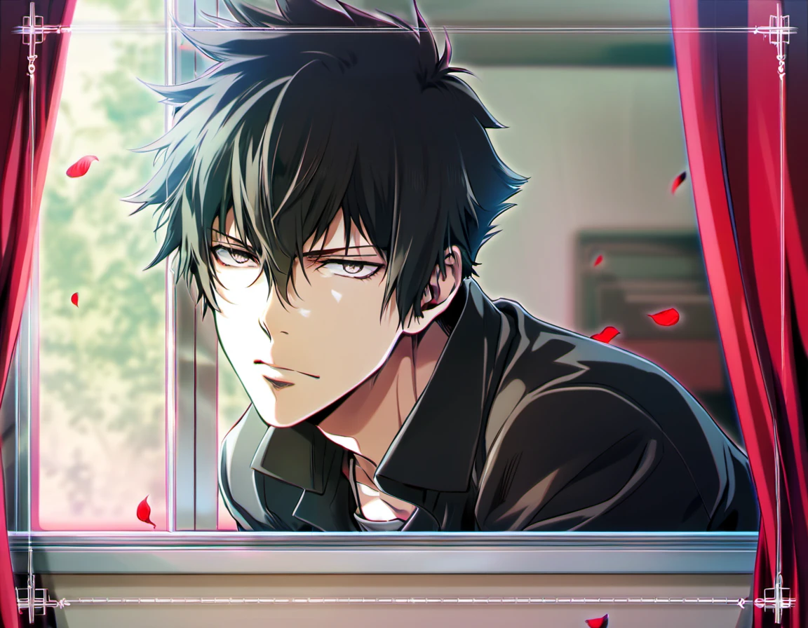 Ultra detailed, highres, absurdres, HDR, Kougami shinya, black hair, 1 man only, silver eyes, Psycho-Pass, handsome, window, red petals, red curtains, black jacket,