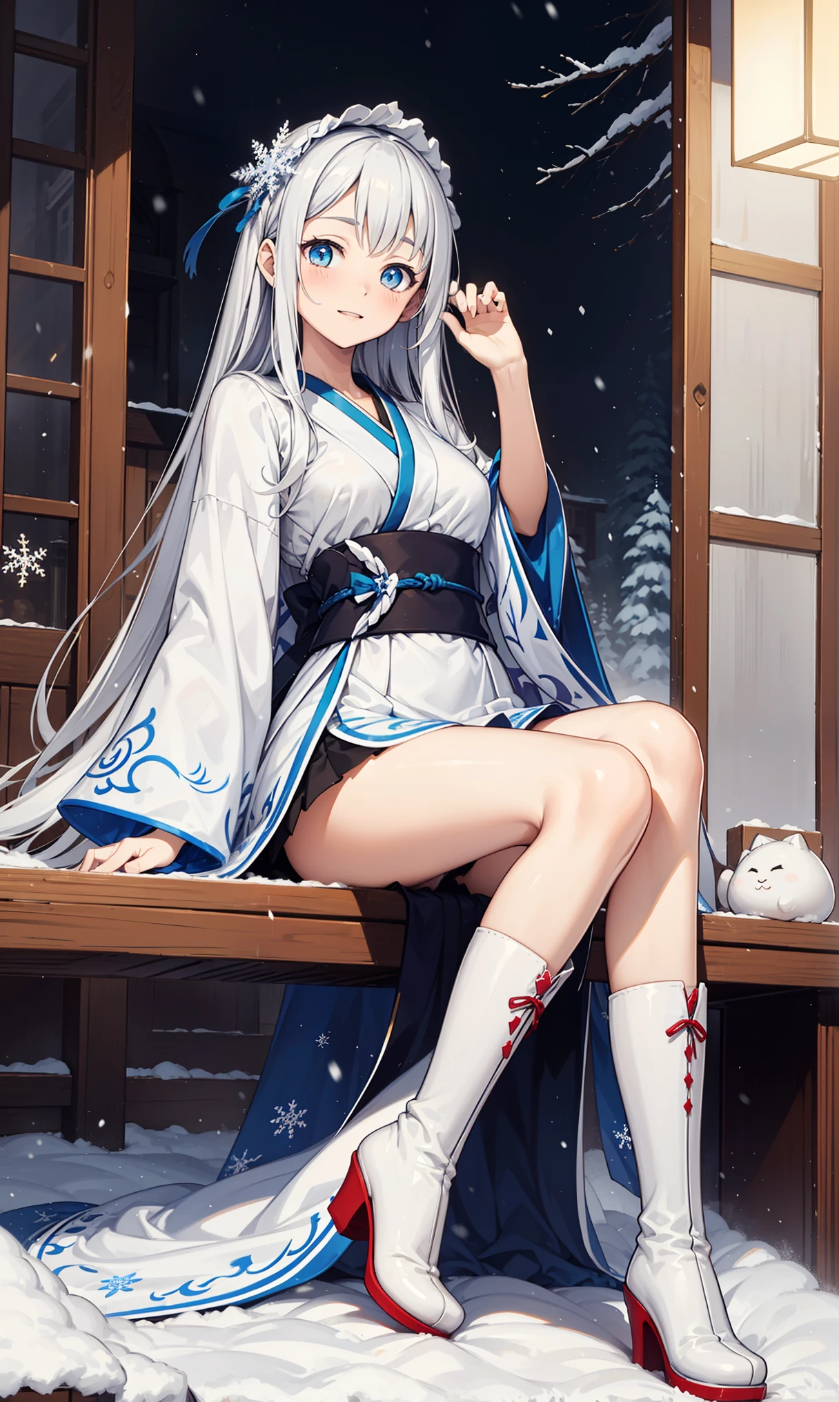 saints,Attractions,having fun,in love,(Western magic white dress),silver hair,blue eyes,Suitable for transparent clothes,Decoration of saints,Sky blue cloth,Snowflake pattern,Sky blue pattern,snowy night,Transparent lace,exquisite clothing,sitting position,the only person,Japanese garden,(night:1.1),snow,(White suspender boots:1.1),Exquisite and beautiful face,sitting position,Snowstorm hits,Exquisite and beautiful eyes