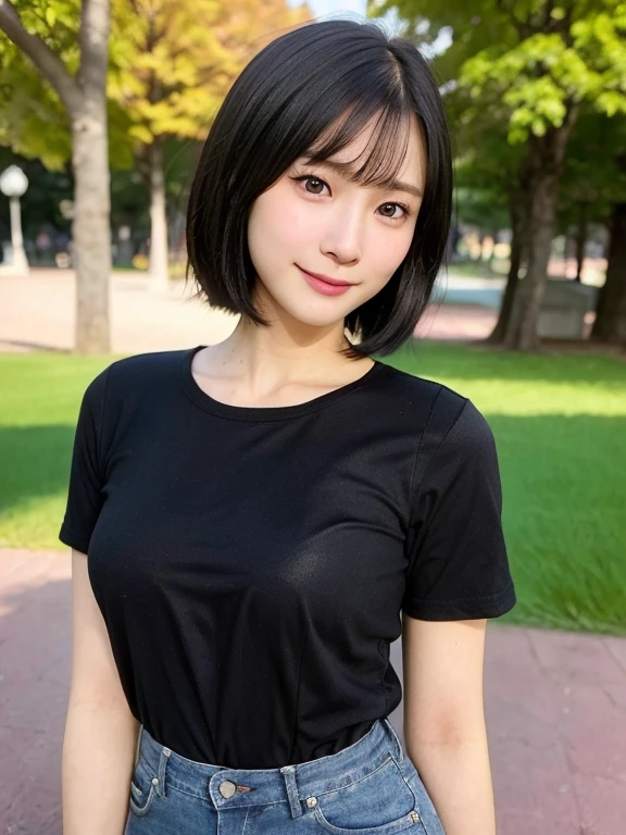 (kawaii 24 year-old Japanese girl, Nogizaka idol, Korean idol), healthy female athlete body, (glossy black hair, very short hair, messy hair edge, symmetric hair length:1.3), (bangs), (rounded face, brown eyes, single eyelid, no makeup, soft smiling:1.2), (wearing over-sized t-shirt, skinny jeans:1.3), flat chest, extra small breasts, (looking at viewer:1.2), BREAK, (turf in the park background:1.3), (dynamic angle:1.3), BREAK, (masterpiece, best quality, photo realistic, official art:1.4), (UHD, 8K quality wallpaper, high resolution, raw photo, golden ratio:1.2), (shiny skin), professional lighting, physically based rendering, award winning, (perfect anatomy, highly detailed skin, extremely detailed face and eyes), Carl Zeiss 85 mm F/1.4, depth of field, 1girl, solo,