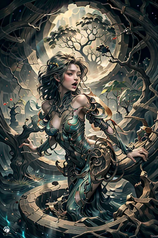 best quality,4k,8k,highres,masterpiece:1.2,ultra-detailed,realistic:1.37,HDR,UHD,studio lighting,ultra-fine painting,sharp focus,physically-based rendering,extreme detail description,professional,art nouveau,tarot card style,dramatic angle, terrified face expression, beautiful alien female,creatures from outer space, JnTrp, (1 alien female being dragged by several tree roots into a dark hole:1.5), (desperately screaming), fractalized, organic exoskeleton,glass exoskeleton,alien flora,(bioluminescent fungi),vivid colors,pale green hues,trending on cgsociety,landscape,horror,sci-fi,concept artists,bright and vibrant colors,dreamy lighting