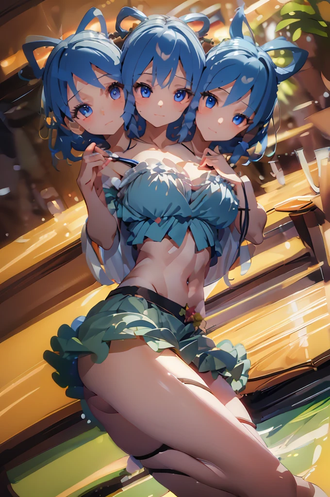 (masterpiece, best quality), best quality, best resolution, (ultra-detailed), (3heads:1.5), 1girl, (seiga kaku:1.3), masterpiece, best quality, ultra quality, ultra resolution, ultra detail, teal top, crop top, ((stomach)), midriff, ((groin)), open belly, teal skirt, miniskirt, normal ears, shackles, blue hair, blue eyes, detailed eyes, (masterpiece:1.5), (best quality:1.5), (beautiful detailed), extremely detailed CG, extremely delicate and beautiful, depth of field, (finely detailed face), (perfect details:1.3), (mature female:1.3), wide pelvis, slender, large veiny breast, 16k resolution, highres, high quality, high definition, extremely detailed, masterpiece, blue hair, long hair, alluring presence, braid, short skirt, close up, big tits, young, Flying Xian Hair Style,