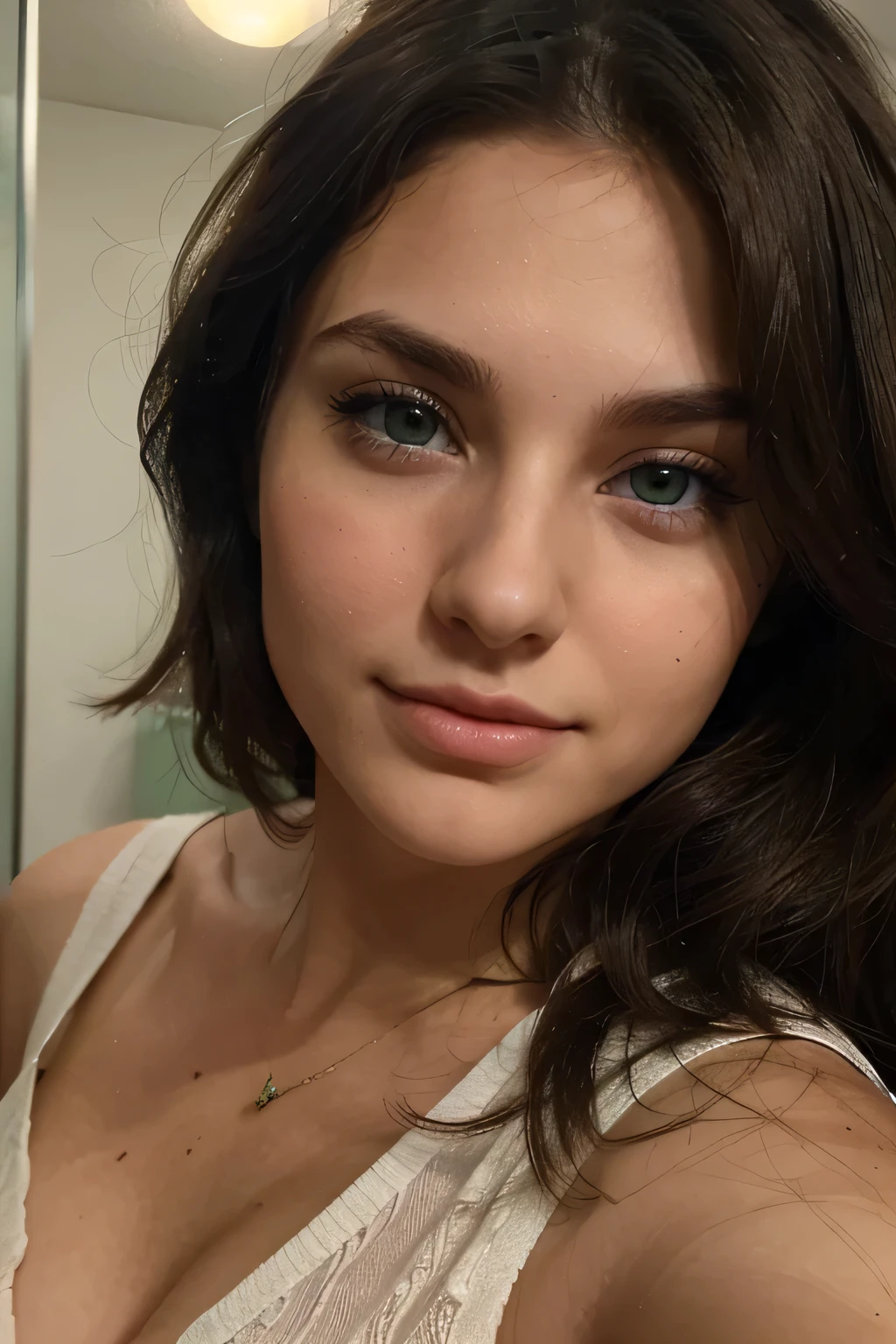 An extremely attractive 25 year old brunette with green eyes, ultra realistic, clearly see face