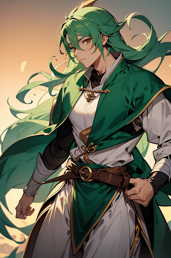 Gerar uma imagem no estilo anime de um homem de orelhas pontudas e pele marrom, with green hair wearing clothes common in the middle ages