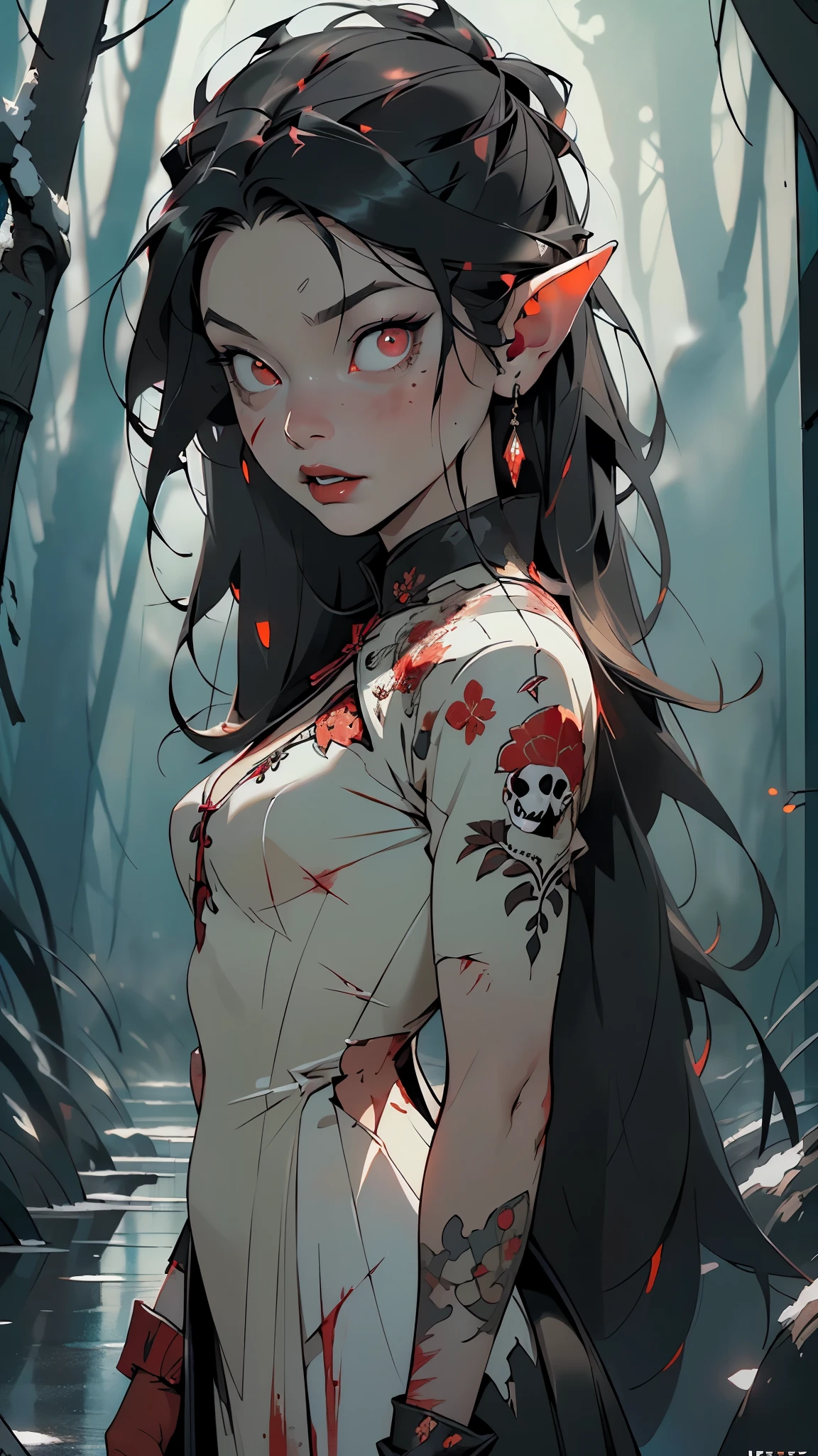 evil  elf,(((little ,tiny little body,little))),(((6 ))),((anime elf  with extremely beautiful black hair)),(((elf))),(((elf ears))),

(((flat chest))),((((black hair:1.35,short black hair,colored inner hair,ear breathing)))),(((red_eyes:1.3))),intricate eyes,beautiful detailed eyes,symmetrical eyes,big eyes:1.5,(detailed body,(detailed face)),Vampires,((Red glowing eyes)),evil look,Clear facial features,Vampire fangs exposed,(((bloody,bloody eyes,fantasy and horror art,blood on the face,horribly beautiful eyes,blood red lips,))),

cute,slutty,erotic,daring,((nsfw)),

zettai ryouiki,revealing clothing,show skin,(((Dressed in a gorgeous Gothic dress,rosette,Skull decoration,the bats,The body is surrounded by a red mist,rays of moonlight))),(black gloves),((Torn and dirty clothes, disturbingly pale skin, creepy atmosphere)),(((intricate outfit,intricate clothes,embroidered outfit,ornate outfit,embroidered clothes,ornate clothes))),

(dynamic pose:1.0),crazy,horror,(centered,scale to fit dimensions,Rule of thirds),

((Premonitory feeling of danger, horror movie vibrations, Nightmare horror)),

((snowy pine forest at night, dark forest, swamp, murky water, foggy, creepy aura, eerie atmosphere)),with dark stormy clouds,winter,scenery:1.25,intricate scenery,((snow forest background)),

(Glossy winter ornaments),highres,sharp focus,(ultra detailed,extremely detailed),(photorealistic artwork:1.37),(extremely detailed CG unity 8k wallpaper),(((vibrant colors,vibrant theme))),(intricate),(masterpiece),(best quality),artistic photography,(photography taken by sldr),(intricate background),perfect rendered face,perfect face details,realistic face,photo realistic,((intricate detail)),(((realism))),
