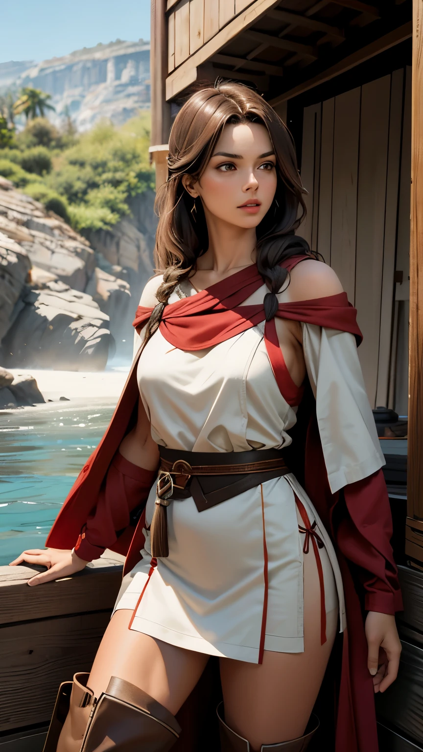 adult women, Very muscular, brown eyes, shoulder length brown hair, Wearing a tan ancient Greek robe with red details, black high boots, outdoor, Wooden boat deck, 8K, Unreal Engine, Very detailed, dramatic angle,, 