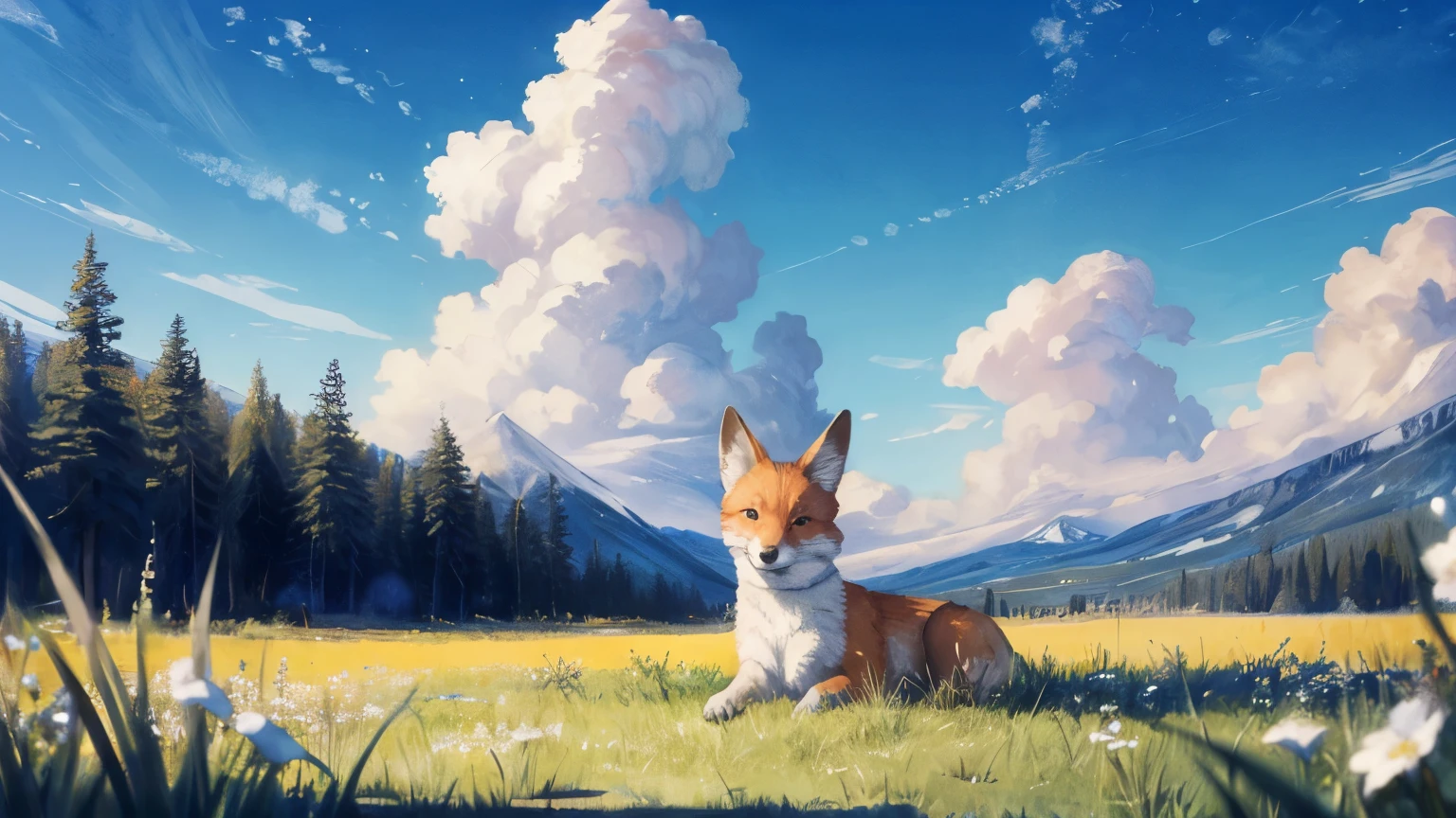 ((best quality)), ((masterpiece)), (detailed), landscape, background, outdoor, blue sky with clouds, small fox laying on ground