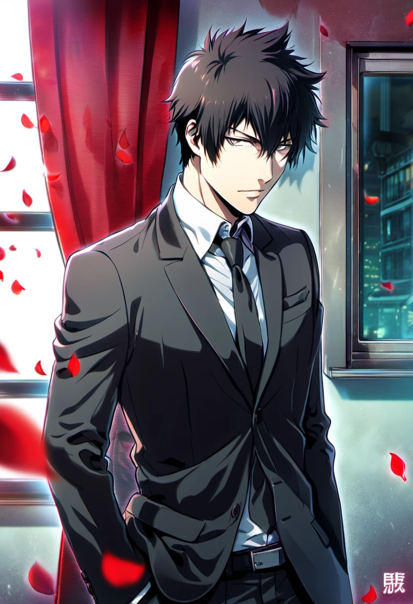 Ultra detailed, highres, absurdres, HDR, Kougami shinya, black hair, 1 man only, silver eyes, Psycho-Pass, handsome, window, red petals, red curtains, black jacket, black pants,