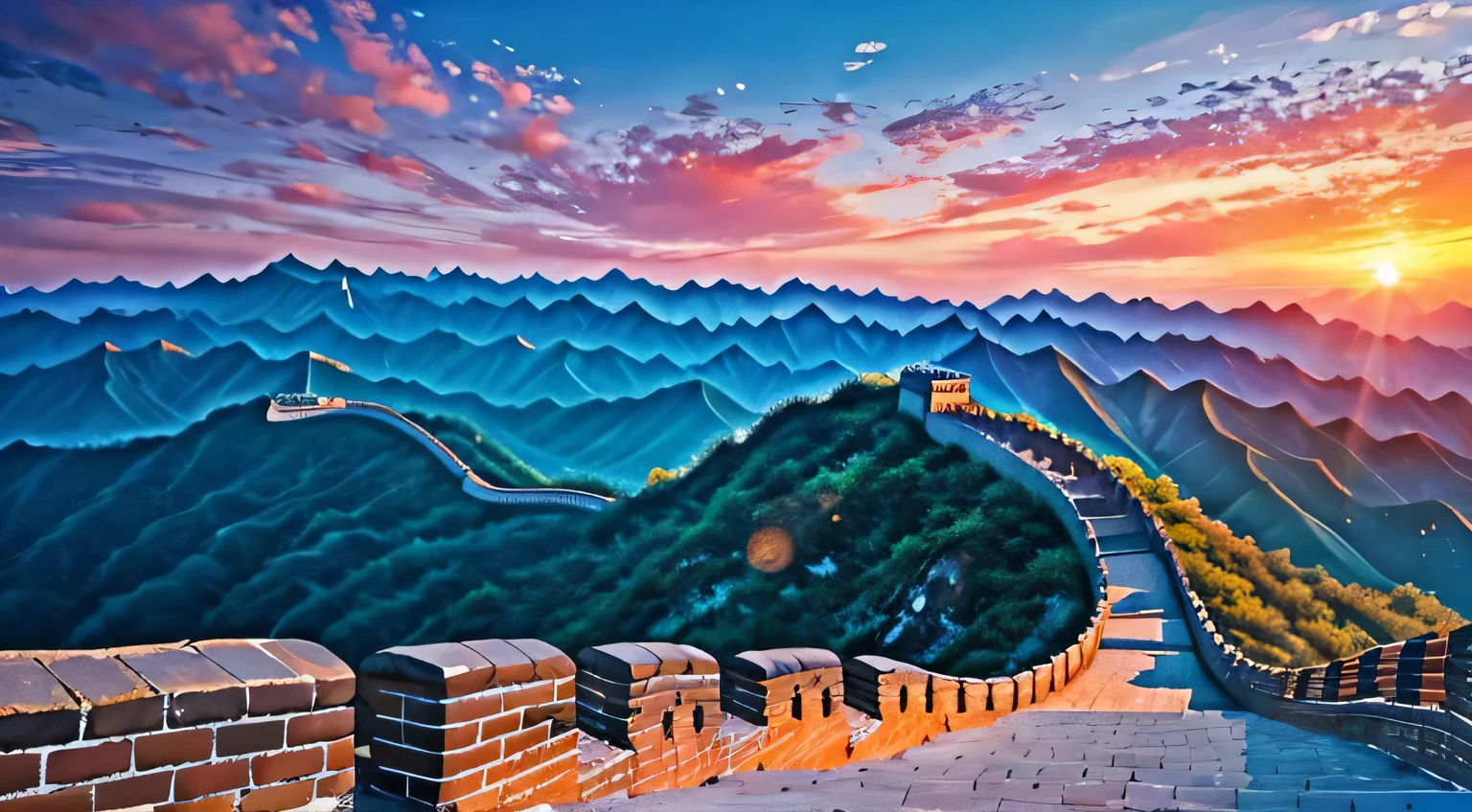 Spent a beautiful sunset,The background is the Great Wall,colorful sky,surreal colors,The majestic Great Wall surrounds 16 mountains:9
