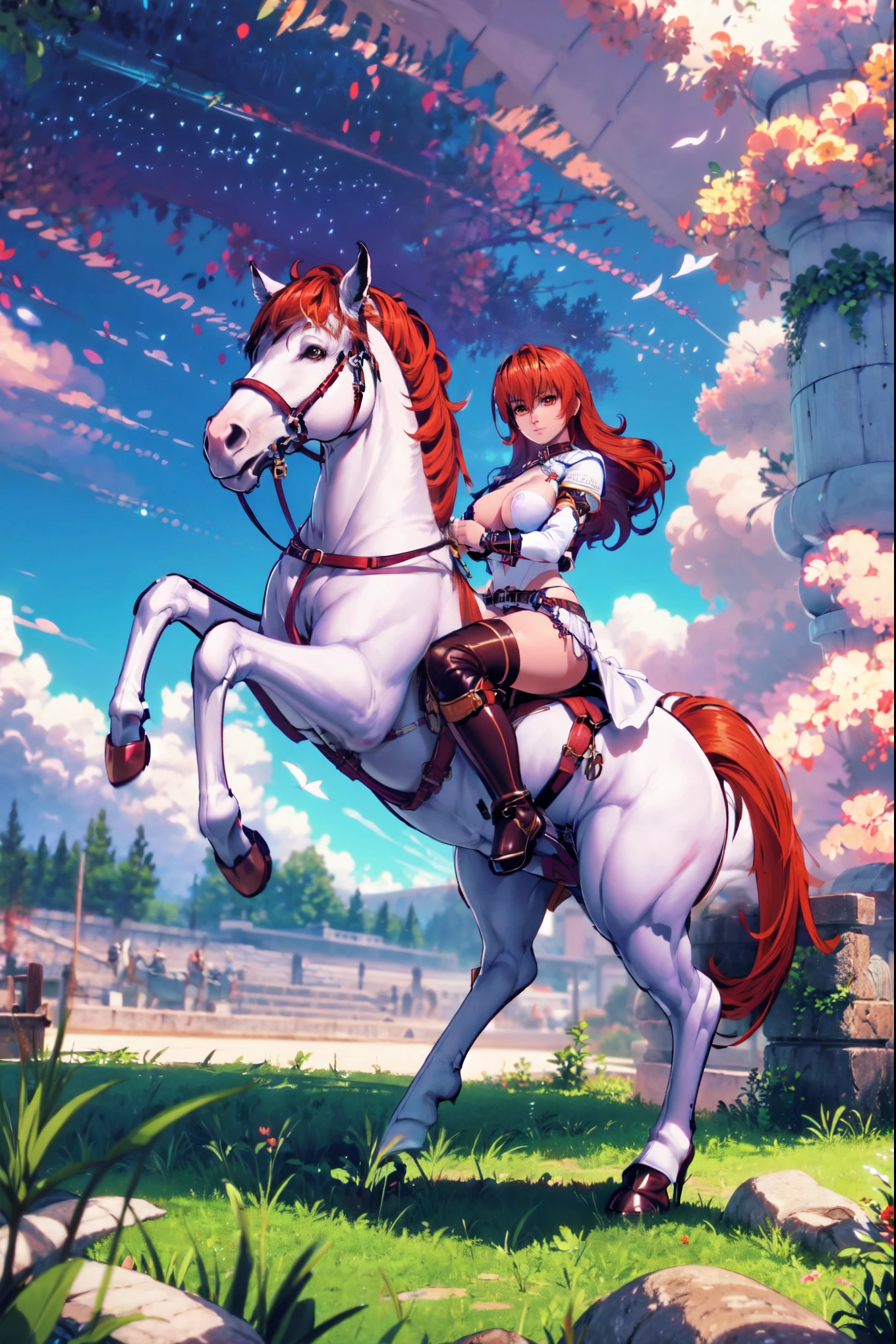 4k, masterpiece, solo, long hair, straight hair, between eyes bangs, {red hair}, brown eyes, large breast, riding on a white horse, (white horse: 1.0, bridle, saddle, stir ups, reins: 1.2), grass land,(warrior armor, pink miniskirt, white boots), anatomically correct,