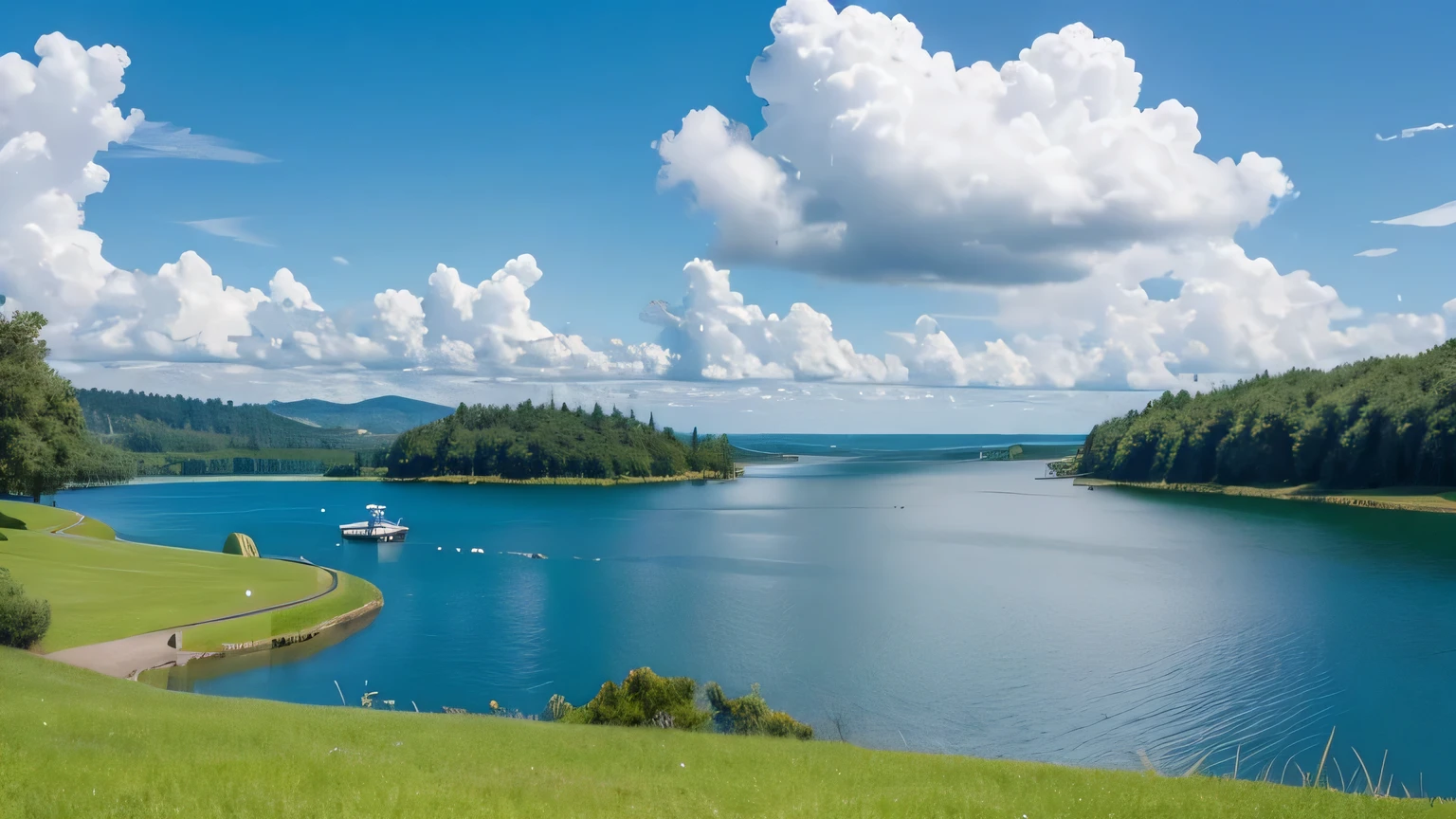 Outdoor scenery, desirable life, blue sky, white clouds, breeze, grass and lake in the distance