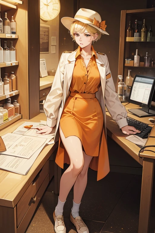 Minerva has short, blonde hair, wears an orange blouse and a brown skirt under a doctor's lab coat, beige shoes, and a white hat that symbolizes the Helper occupation. She also has pronounced tear troughs. She is seen with bags under her eyes, presumably from late-night shifts and constant amounts of stress. SPARKLE; GLITTER