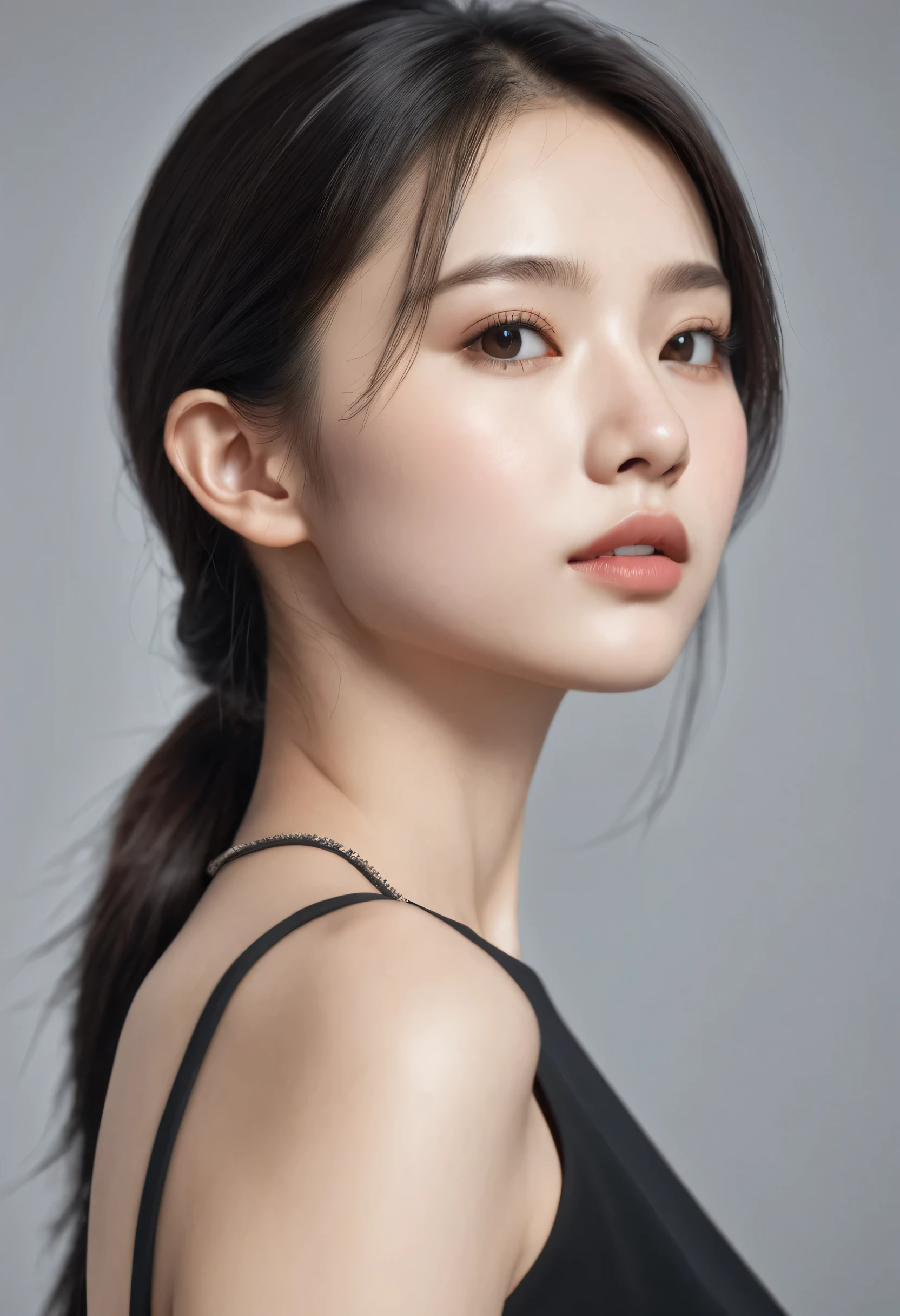 ((Best Quality, 8K )),  A young cute profile woman, photorealistic, side view, portrait, ultra realistic, high detailed, high detailed skin, high quality, black dress