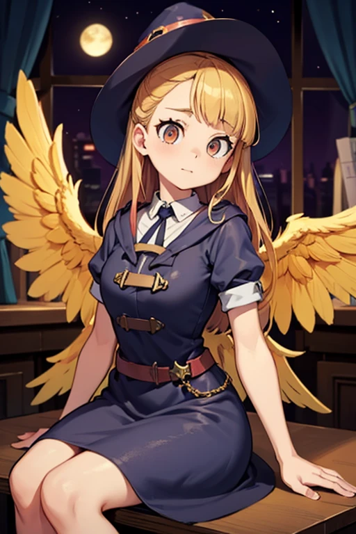 A golden haired female witch with hazel eyes with golden wings is wearing a Victorian dress is sitting on a desk at dusk