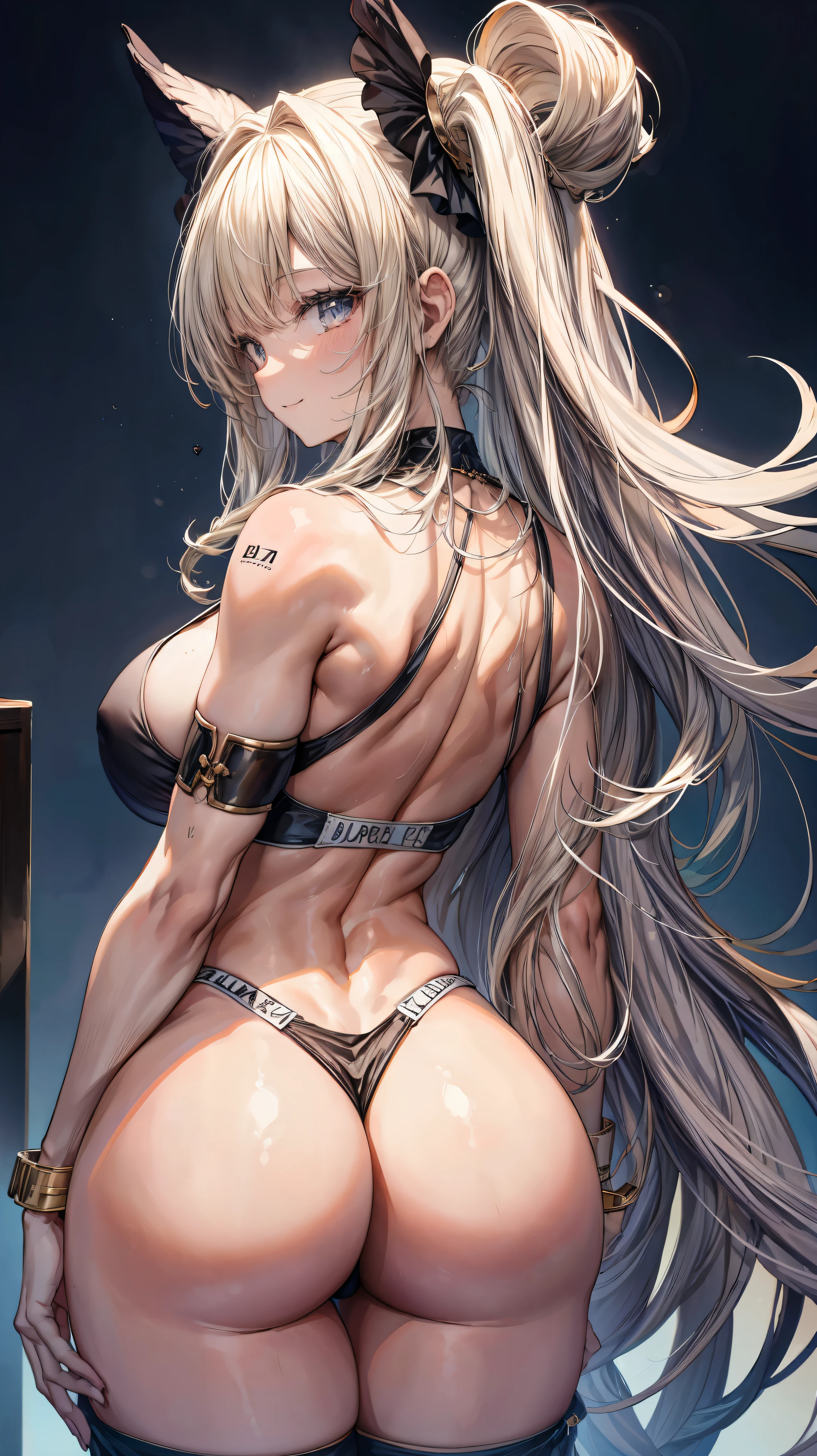 ultra-detailed、highest quality、Highest image quality、master piece、8K、smile、blonde curly hair、(SFW huge body)、(((Rear view)))、cowboy shot、Wearing a 