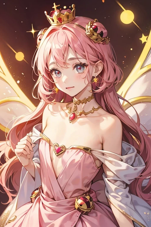 She has a ladybug-like body and her wings are pink. Her skin is brown. Her hair is in a bob style and she has rosy cheeks. She has a gold crown with small red stones on top. SPARKLE; GLITTER
