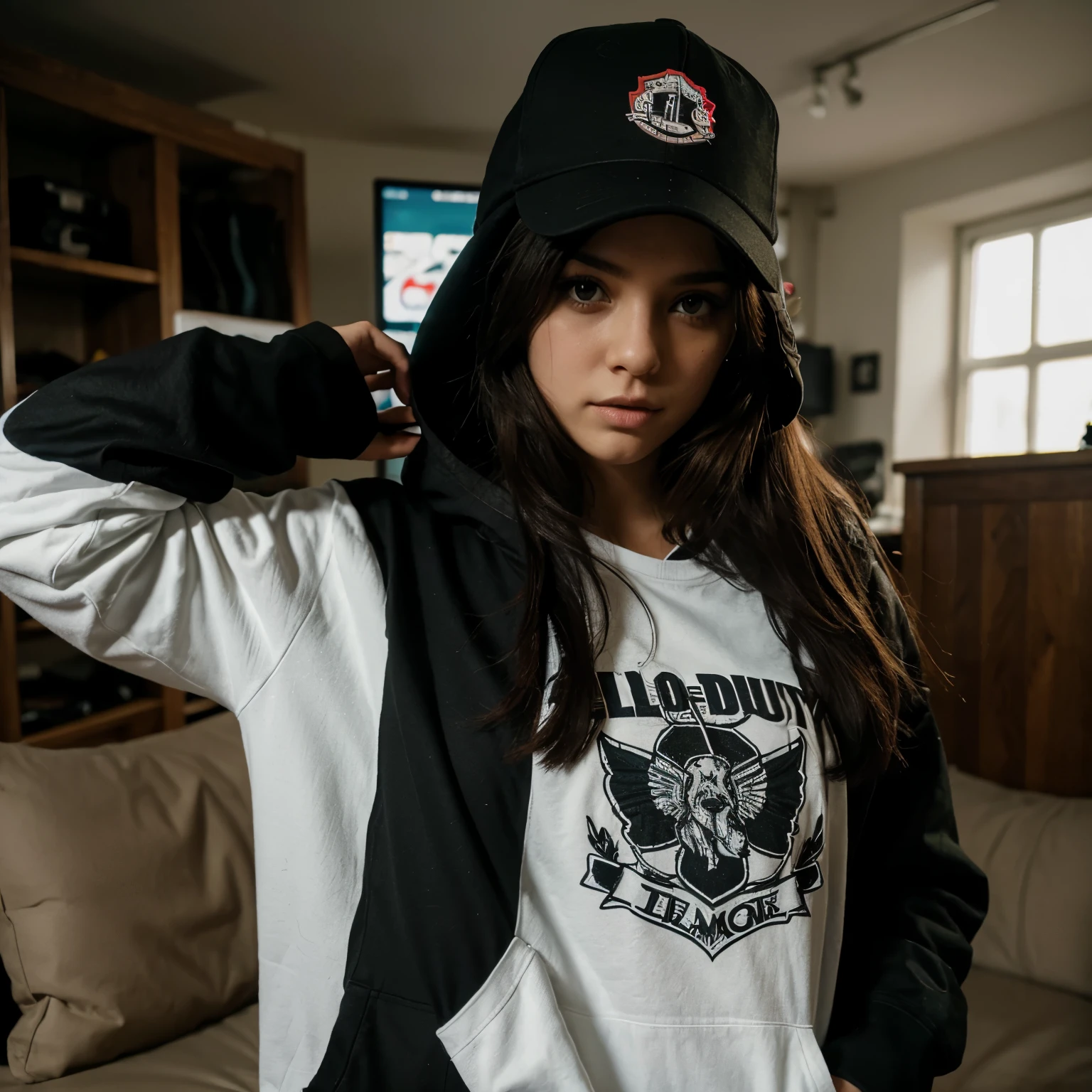 Creame un mascot logo donde la mascota sea una chica con sudadera de call of duty y debajo tenga las letras killer