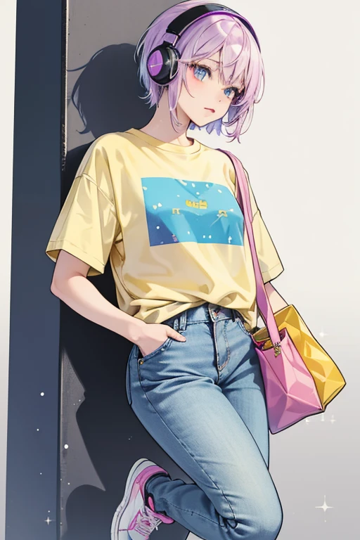 Mochi is a humanoid with light blue skin. She has dark purple bangs, but the rest of her hair is shaved off. She wears grey headphones, a yellow t-shirt, blue jeans, and pink and white sneakers. She also carries a yellow purse. SPARKLE; GLITTER