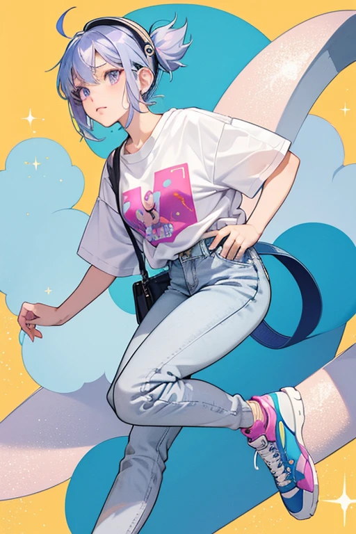 Mochi is a humanoid with light blue skin. She has dark purple bangs, but the rest of her hair is shaved off. She wears grey headphones, a yellow t-shirt, blue jeans, and pink and white sneakers. She also carries a yellow purse. SPARKLE; GLITTER