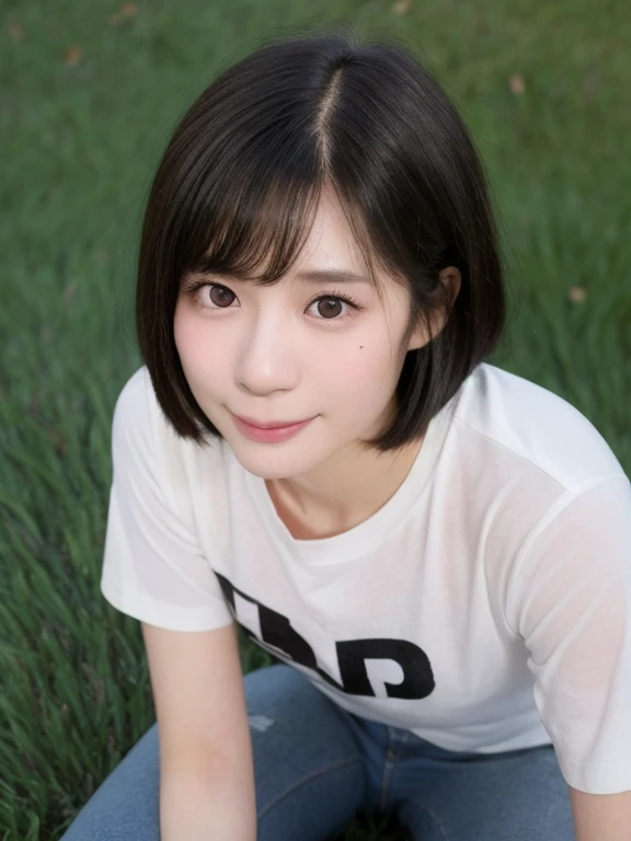 (kawaii 24 year-old Japanese girl, Nogizaka idol, Korean idol), healthy female athlete body, (glossy black hair, very short hair, messy hair edge, symmetric hair length:1.3), (bangs), (rounded face, brown eyes, single eyelid, no makeup, soft smiling:1.2), (wearing over-sized t-shirt, skinny jeans:1.3), flat chest, extra small breasts, (looking at viewer:1.2), BREAK, (turf in the park background:1.3), (dynamic angle:1.3), BREAK, (masterpiece, best quality, photo realistic, official art:1.4), (UHD, 8K quality wallpaper, high resolution, raw photo, golden ratio:1.2), (shiny skin), professional lighting, physically based rendering, award winning, (perfect anatomy, highly detailed skin, extremely detailed face and eyes), Carl Zeiss 85 mm F/1.4, depth of field, 1girl, solo,