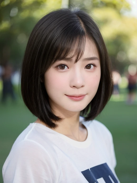 (kawaii 24 year-old Japanese girl, Nogizaka idol, Korean idol), healthy female athlete body, (glossy black hair, very short hair, messy hair edge, symmetric hair length:1.3), (bangs), (rounded face, brown eyes, single eyelid, no makeup, soft smiling:1.2), (wearing over-sized t-shirt, skinny jeans:1.3), flat chest, extra small breasts, (looking at viewer:1.2), BREAK, (turf in the park background:1.3), (dynamic angle:1.3), BREAK, (masterpiece, best quality, photo realistic, official art:1.4), (UHD, 8K quality wallpaper, high resolution, raw photo, golden ratio:1.2), (shiny skin), professional lighting, physically based rendering, award winning, (perfect anatomy, highly detailed skin, extremely detailed face and eyes), Carl Zeiss 85 mm F/1.4, depth of field, 1girl, solo,