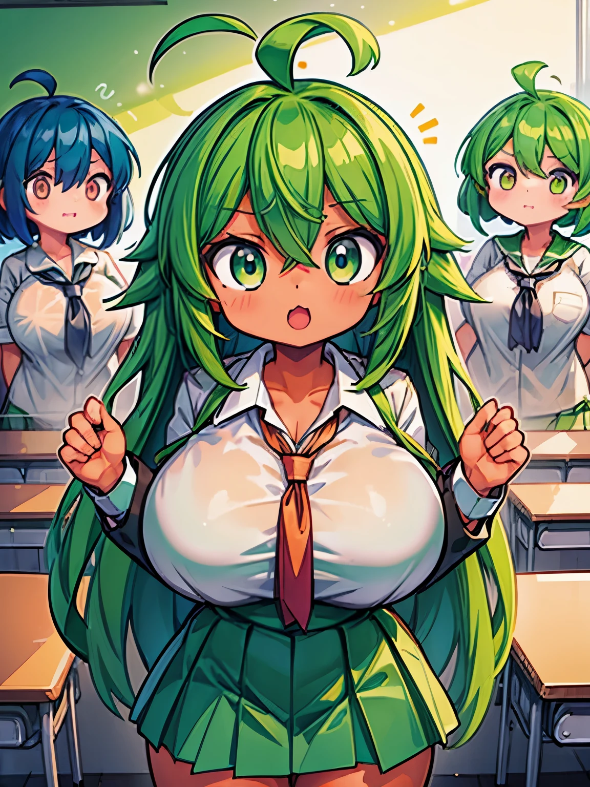 (tanned girl green hair:1.2), (full with people big classroom:1.2), (large breasts), (pixiv masterpiece:1.2), (ahoge:1.3), (school uniform:1.0)