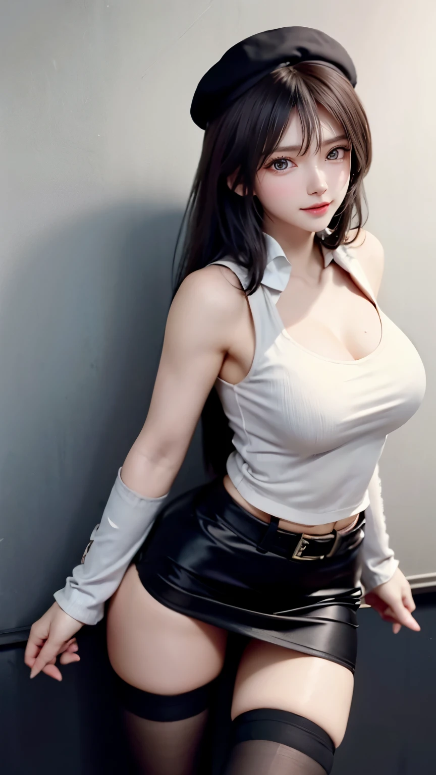 (very delicate and beautiful:1.2)super model,perfect shape,girl's,,Thighhighs,beautiful feet,beret,gentle expression,spoiled look,Innocent face,ミニskirt,big breasts,beautiful breasts,voluptuous,bike shorts,,givenchy,masterpiece, highest quality, High resolution, 8K, , skirt, uniform, short hair, messy hair, blush, sexy pose, big breasts, seductive pose, sweating,, sweating, cityscape, vivid details, super detail, realistic skin texture, Surface details, Beautiful eyes in every detail, medium full shot, Girl holding a sword,flame background,Smile at the front