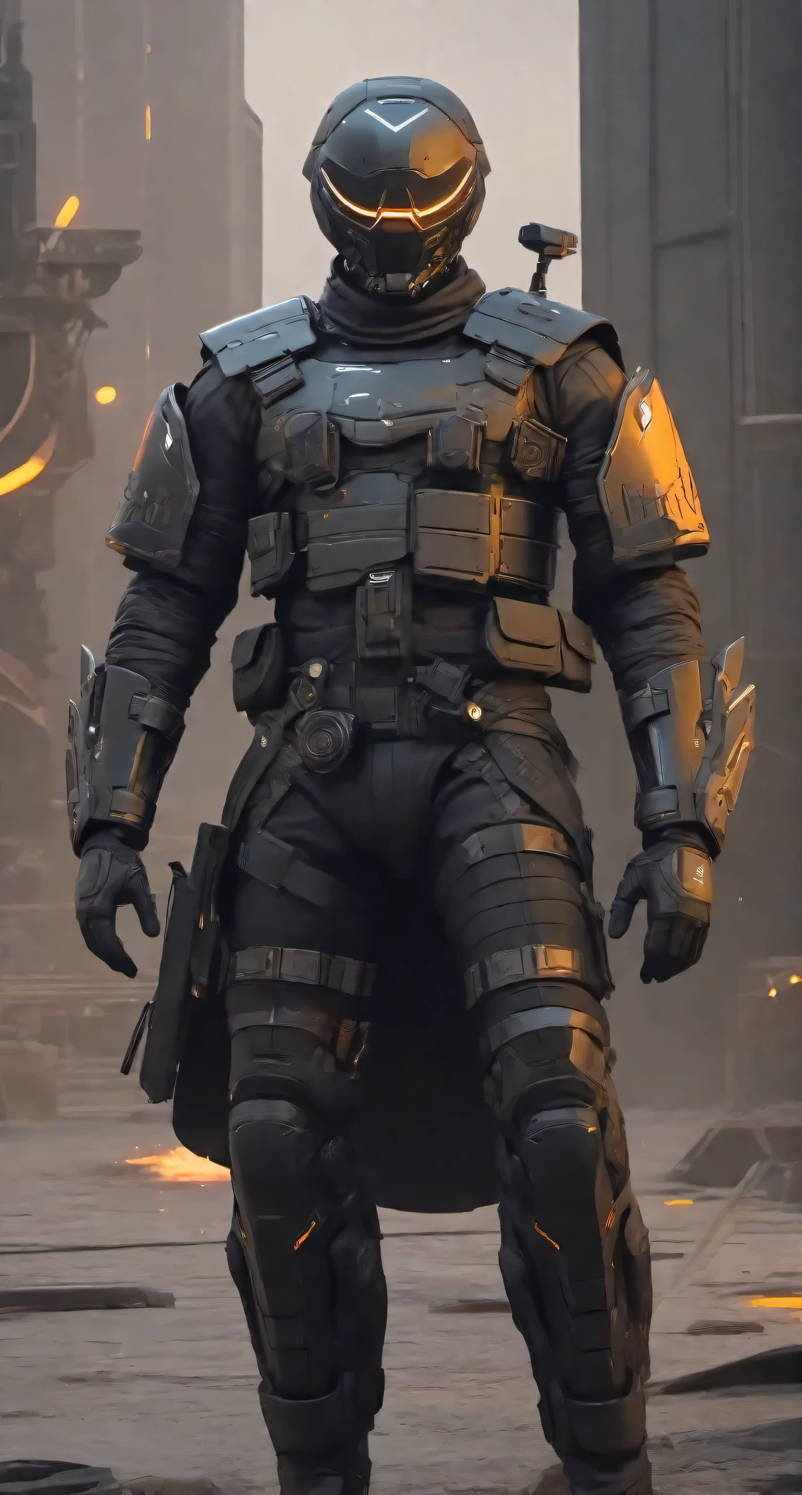 a man in a helmet dressed in tactical armor, With a black cape,Shoulder pads, Knee pads, three throwing knives holstered on his arm, Pistol holstered on his leg(Best quality, 4k, Masterpiece :1.3), Cyberpunk, Background, Sci-fi landscape, (Black cape), ultra realistic 8k cg