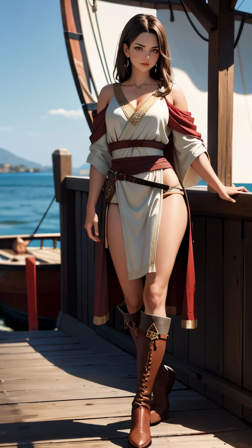 adult women, Very muscular, brown eyes, shoulder length brown hair, Wearing a tan ancient Greek robe with red details, black high boots, outdoor, Wooden boat deck, 8K, Unreal Engine, Very detailed, dramatic angle,, 