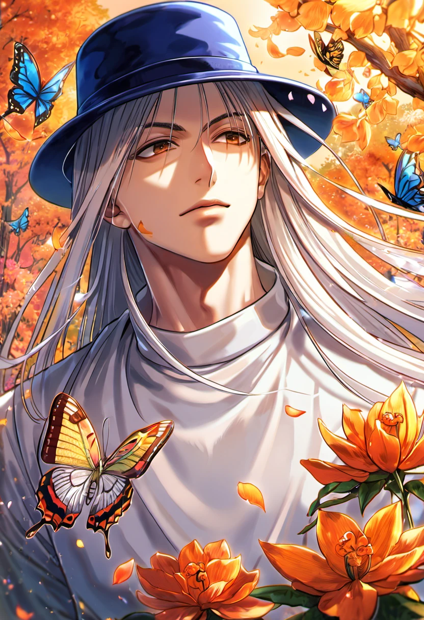 Ultra detailed, highres, absurdres, HDR, Kite, white long hair, brown eyes, blue hat, white long shirt, Hunter X Hunter, handsome, 1 man only, orange leaves, petals, flowers, butterflies, autumn