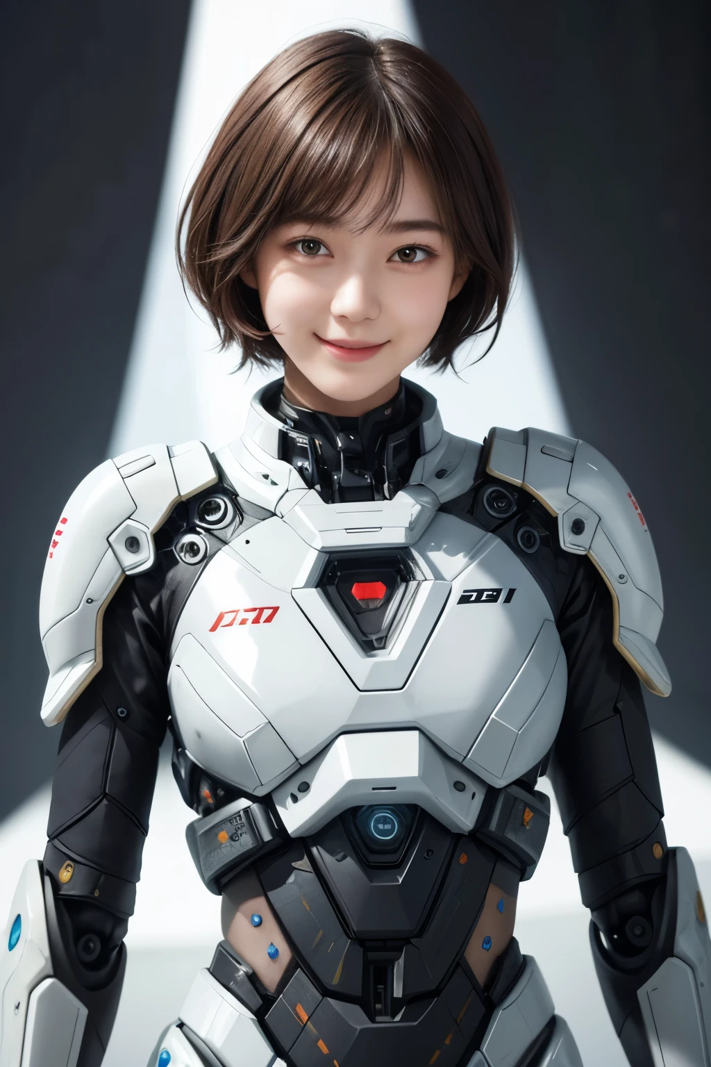 207 Short Hair, 20 year old female, Floral, gentle smile, futuristic clothes, mechanical suit