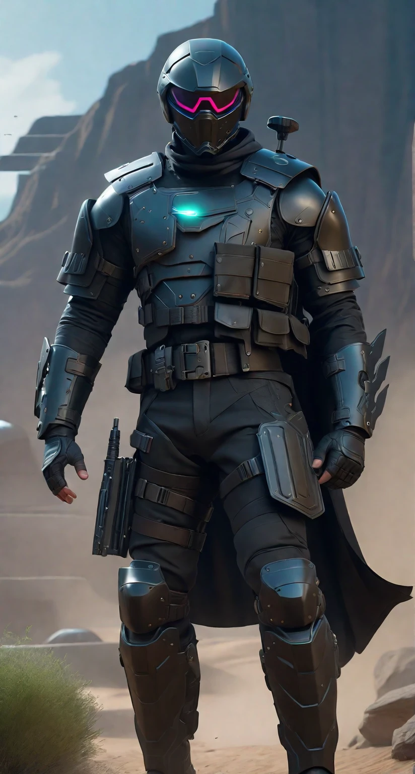 a man in a helmet dressed in tactical armor, With a black cape,Shoulder pads, Knee pads, three throwing knives holstered on his arm, Pistol holstered on his leg(Best quality, 4k, Masterpiece :1.3), Cyberpunk, Background, Sci-fi landscape, (Black cape), ultra realistic 8k cg