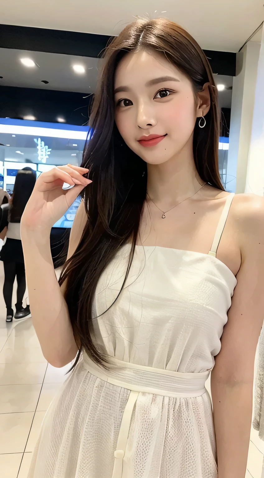 Girls around 20 years old, simple, Very beautiful and delicate, (light makeup), brown hair, sweet smile, Delicate and beautiful fair skin, realistic and realistic, Exquisite and perfect facial features, Detailed facial description, high nose bridge, red lips, beautiful and kind girl, flowing smooth hair, very delicate hair, soft temperament, face light, Super realistic, realistic, 8K quality, extreme details, realistic details, master works, realistic extreme, body, overwhelmingly beautiful, pure desire, stunning beauty, unparalleled beauty, best image quality, 8K resolution, goddess, smile, detailed facial features, hair on shoulders, brown hair, long and thick legs, sunlight, towards the camera, round and uneven shape, kind eyes, exposed thighs, standing posture, full body portrait, maid dress, standing in a shopping mall