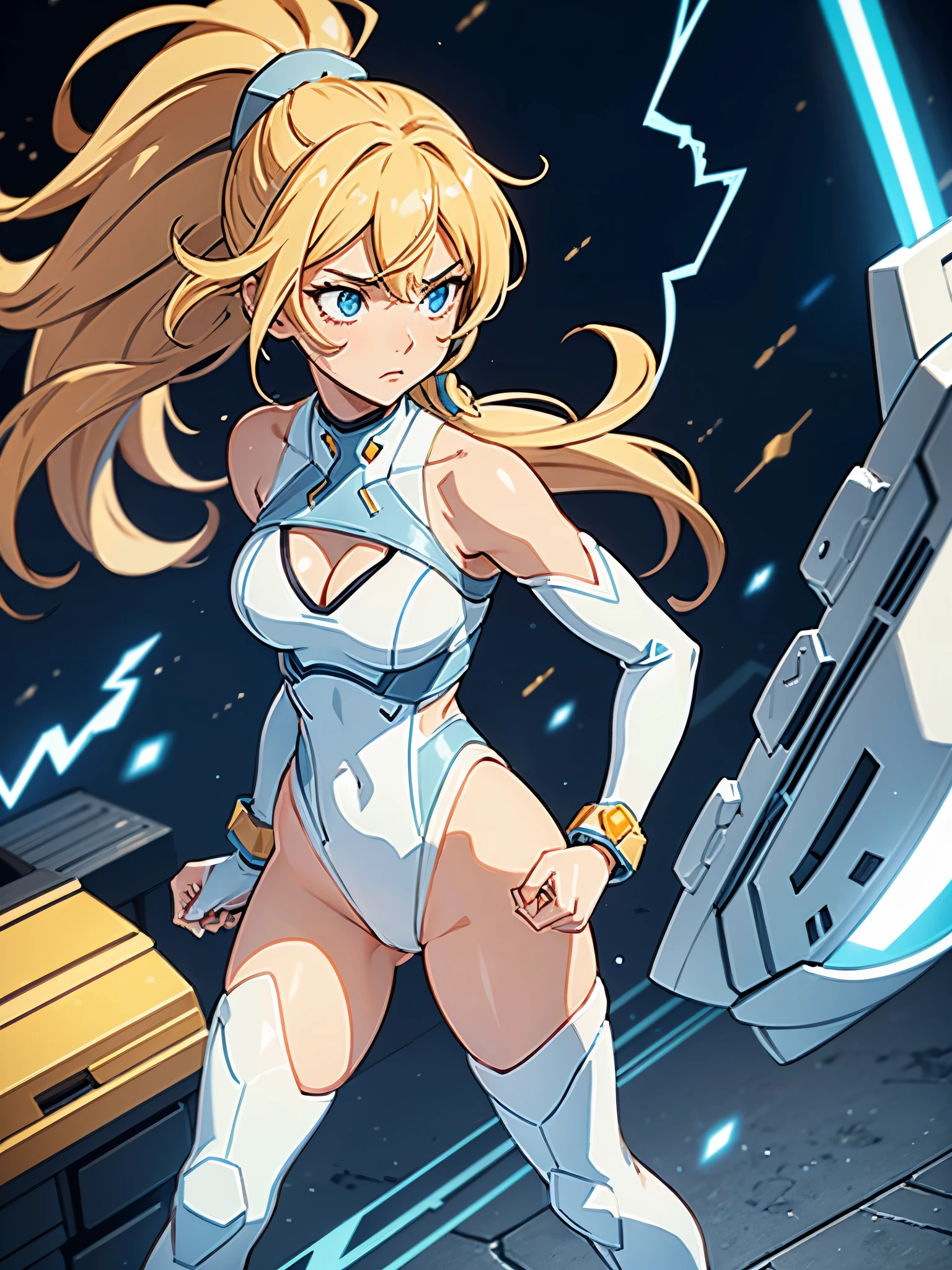 1girl, light blonde hair, aquamarine eyes, boots, breasts, bracelets, cleavage cutout, full body, hair ornament, shoulder-length hair, ponytail, full body with costume, leotard, white leotard with blue accents, bare legs, white stockings, white boots, medium breasts, solo, standing, superhero, (lighting logo on chest), beautiful detailed eyes, beautiful detailed face, age 18, ahoge, full body zenkai! asuka suit, full body portrait, body infused with electricity, diffraction spikes, heroic, standing straight, hands on hip, cowboy shot, city backdrop