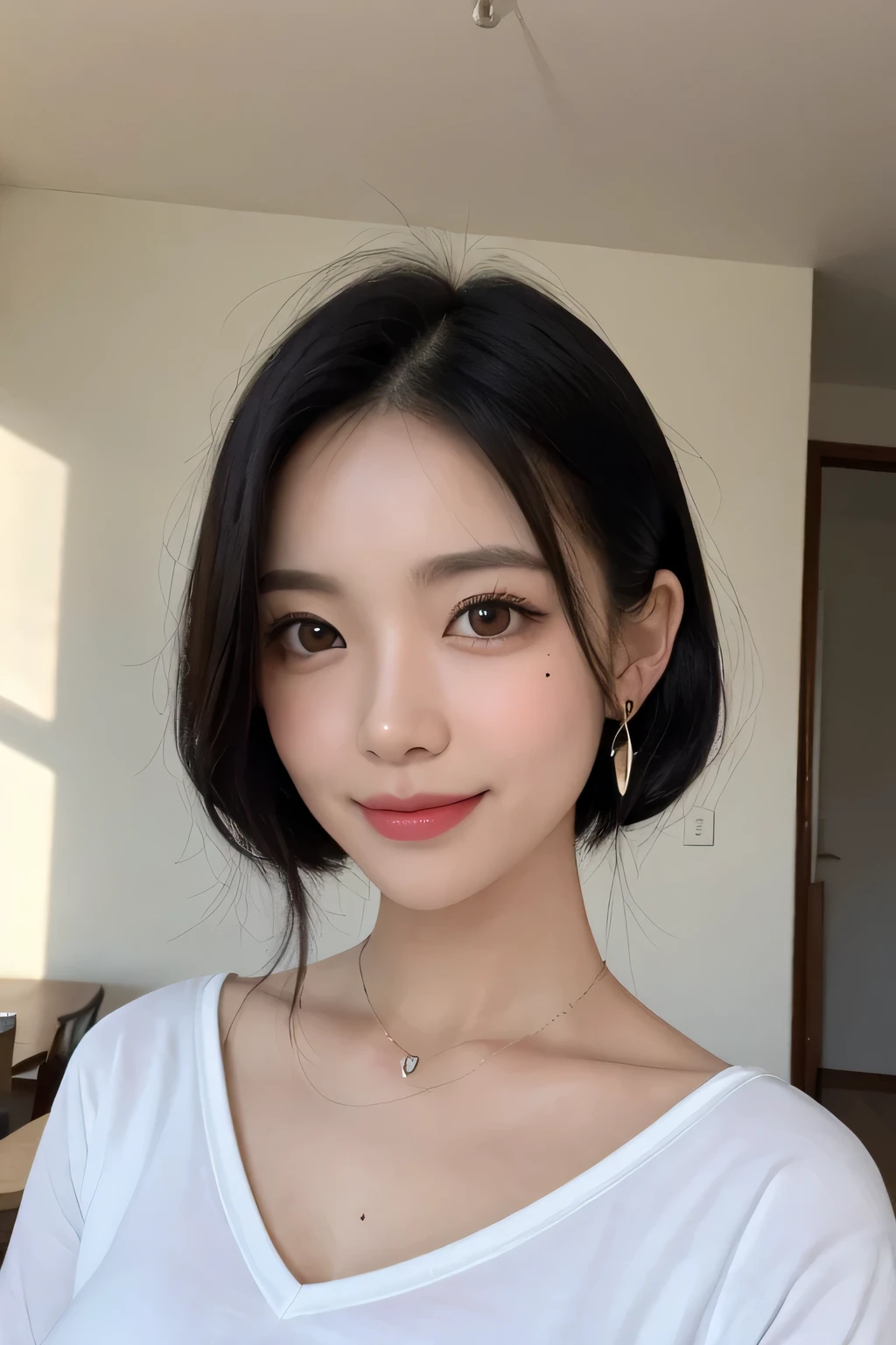 black hair, hair bobble, long eyelashes, solid circle eye, light smile, mole under eye, heart earrings, light smile, shy, wrinkled lips, surrealism, cast a shadow, stereogram, throw, atmospheric perspective, Depth of the bounds written, first person perspective, f/1.8, 8K, Super detailed, Accurate, highest quality, High resolution, highest quality,full body