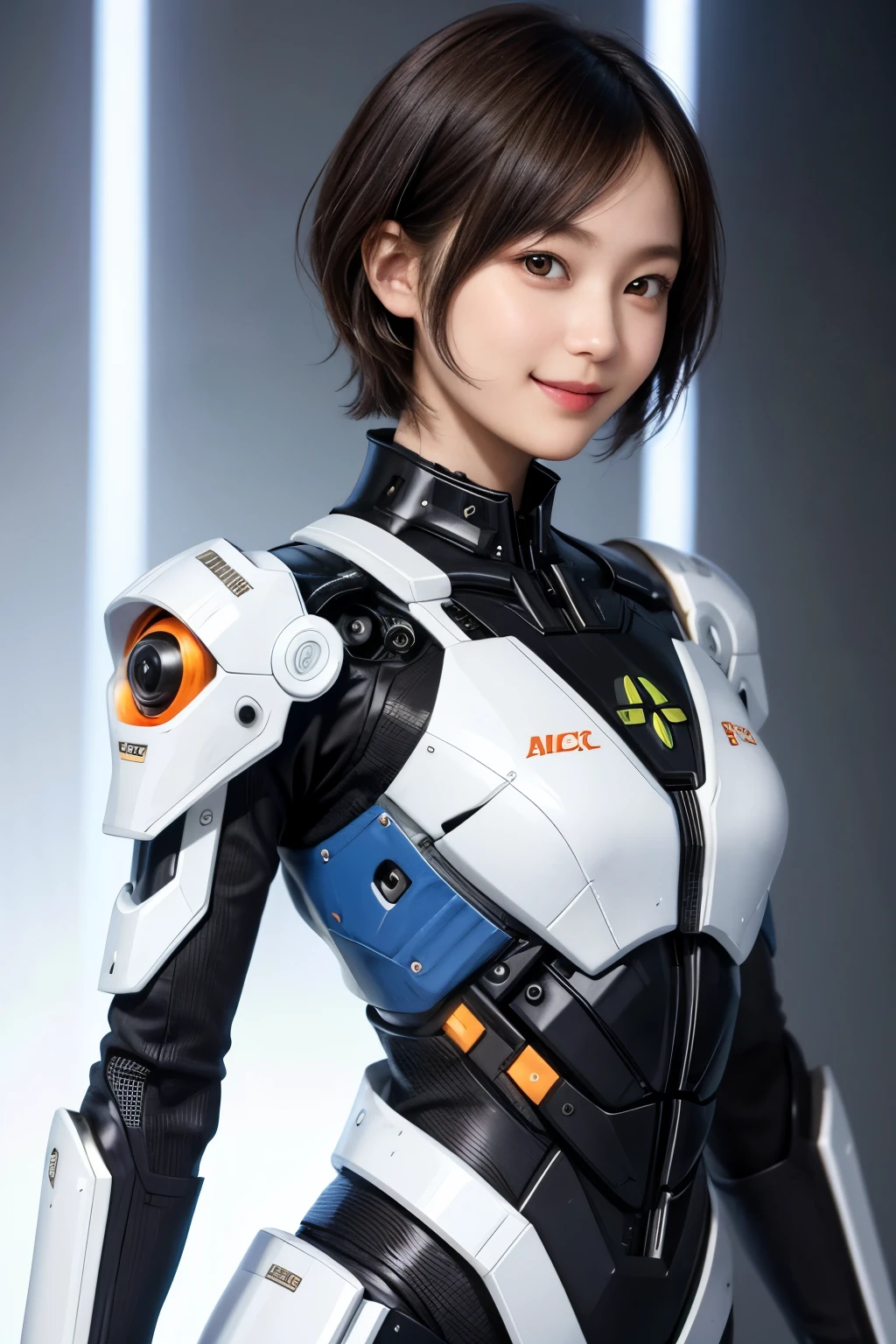 207 Short Hair, 20 year old female, Floral, gentle smile, futuristic clothes, mechanical suit