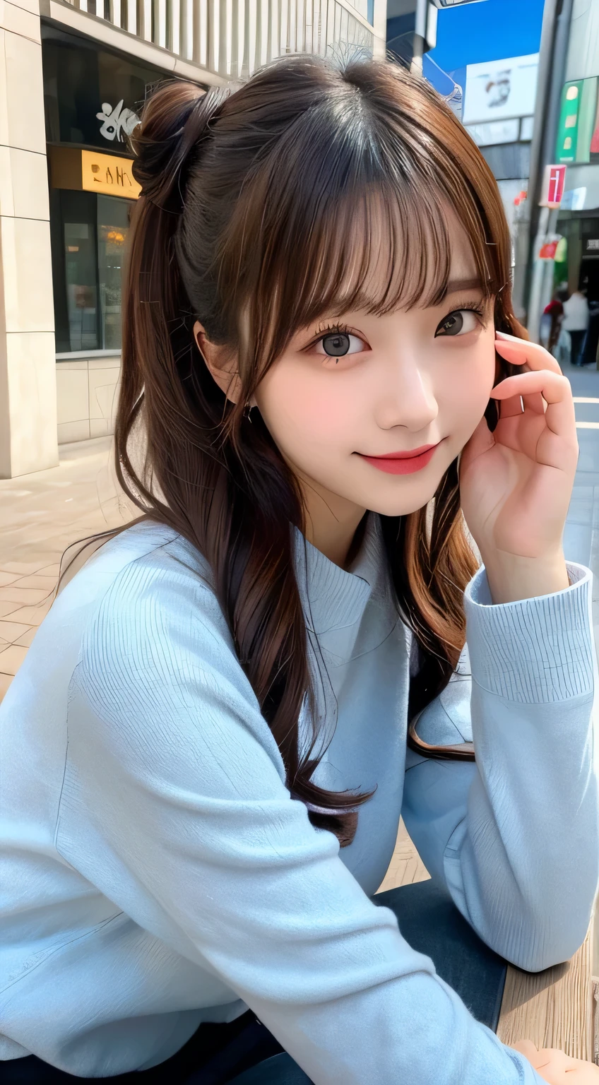 table top, highest quality, figure, Super detailed, finely, High resolution, 8k wallpaper, Perfect dynamic composition figure, detailed and beautiful eyes, Trendy women's fashion winter clothes,bun hair,small breasts natural color lip, sexy pose,smile,Harajuku、20 year old girl、cute、looking at camera