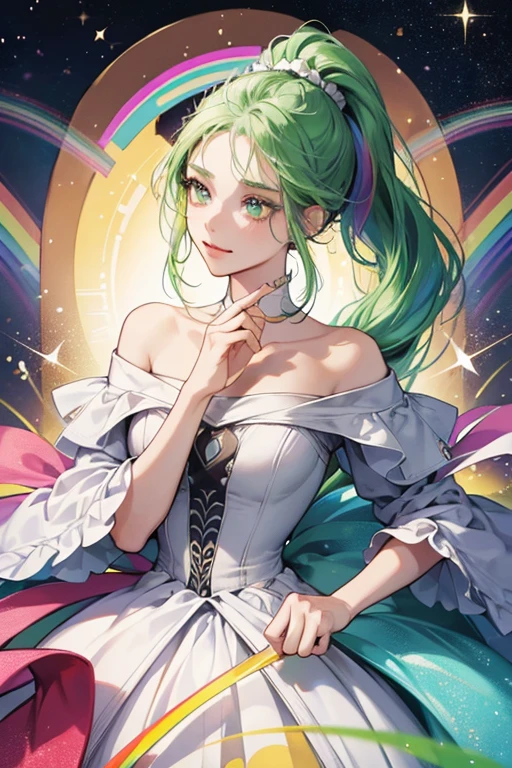 she has green hair and a circular ponytail. She wears a garment with spherical shoulders and a rainbow of different colors. Her garments, on the other hand, have more rainbows than they have, in contrast to Abracadaniel, who only has a few rainbows. A single wrinkle on her forehead indicates that she is older than Abracadaniel. She has a darker complexion than Abracadaniel. SPARKLE; GLITTER

