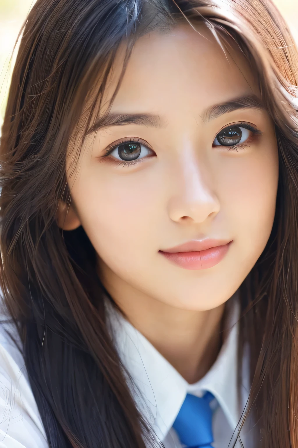 (((32k,high details,high detail、masterpiece,attention to detail,alone))),Raw photo & realistic atmosphere,beautiful dark blue eyes,detailed mouth,glossy lips,thin eyebrows,fine eyes、Soft white skin that shines in every detail、her deep black eyes are so beautiful,lip details、very beautiful face,very well-shaped face、lifelike face,shining beautiful lips,beautiful eyebrows,infinite reality, Realistic young gravure idol,she'she'she'she'she's a very cute woman , young gravure idol, young gravure idol, Very beautiful and cute 1Beautiful girl 19 years old,incredibly beautiful and classy1Beautiful girl 19 years old,natural soft light,(shiny hair,,Beautiful and kind eyes:1.5),gentle smile,well-shaped chest,medium long hair,Ties hair into one,beautiful posture,no makeup,think ahead,